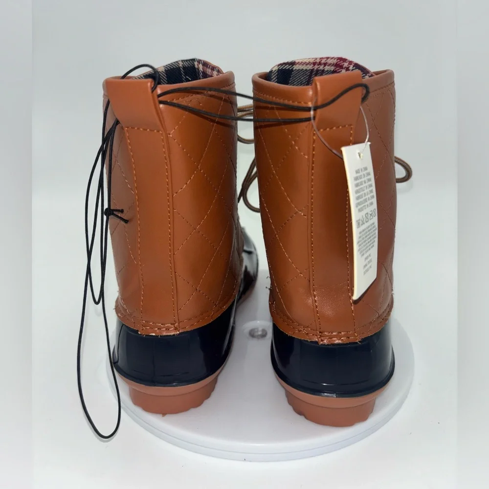 NEW Duck Boots Navy Blue Brown Youth Womens 5 Plaid Lace-Up Waterproof Fisherman